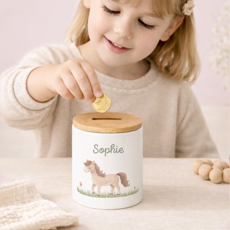 Keramik-Spardose mit Bambus-Deckel für Kinder "Pferd"