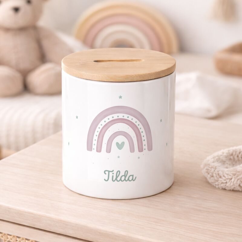 Keramik-Spardose mit Bambus-Deckel für Kinder "Regenbogen Rosa"