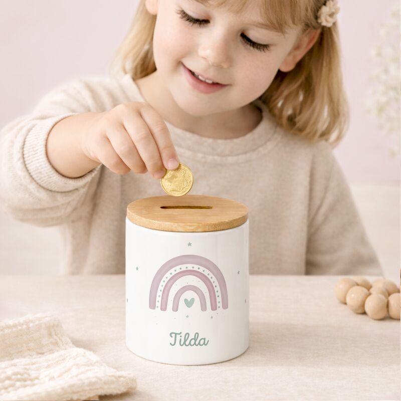 Keramik-Spardose mit Bambus-Deckel für Kinder "Regenbogen Rosa"