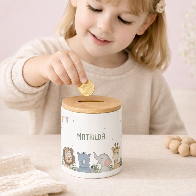 Keramik-Spardose mit Bambus-Deckel für Kinder "Safari"
