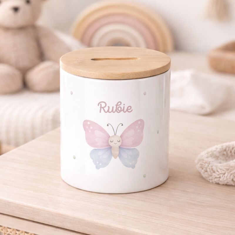 Keramik-Spardose mit Bambus-Deckel für Kinder "Schmetterling"