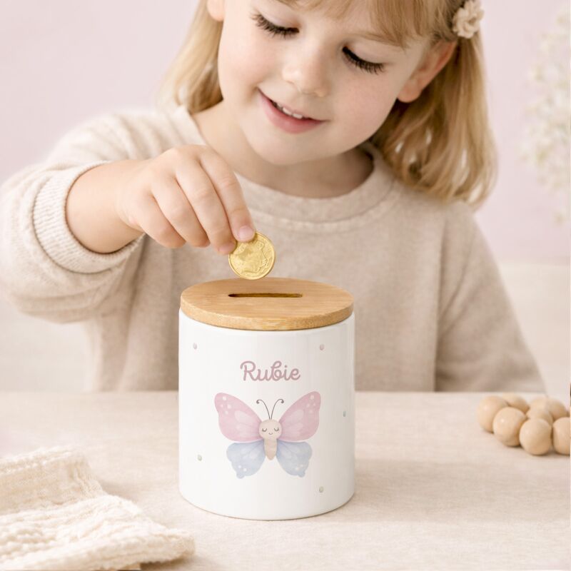 Keramik-Spardose mit Bambus-Deckel für Kinder "Schmetterling"