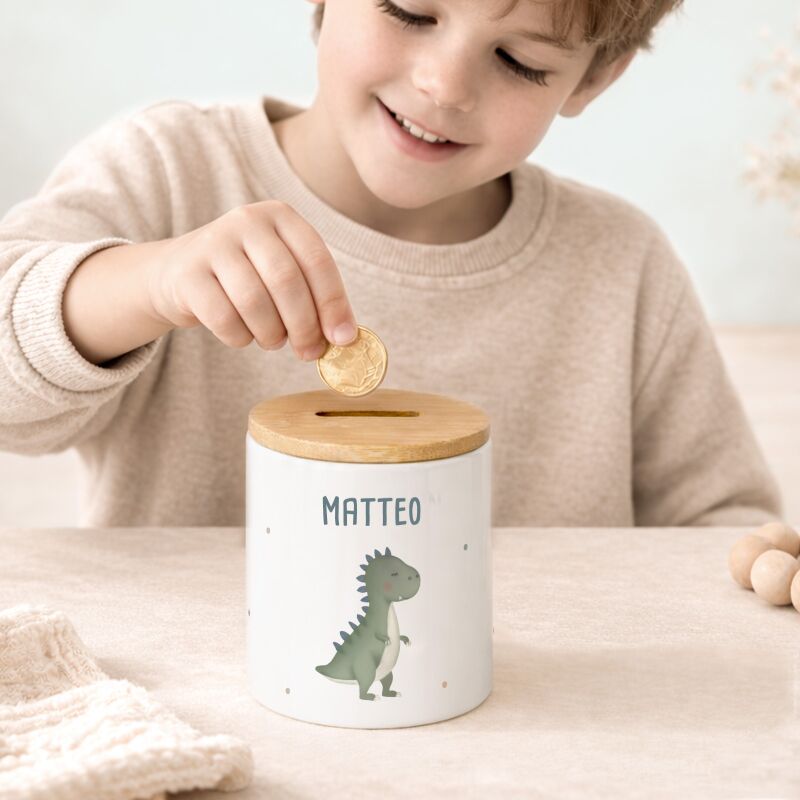 Keramik-Spardose mit Bambus-Deckel für Kinder "T-Rex"