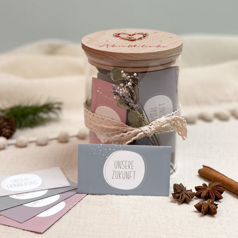Paar-Adventskalender mit 24 Losen Aquarell "Zuckerstangenherz" Unpersonalisiert