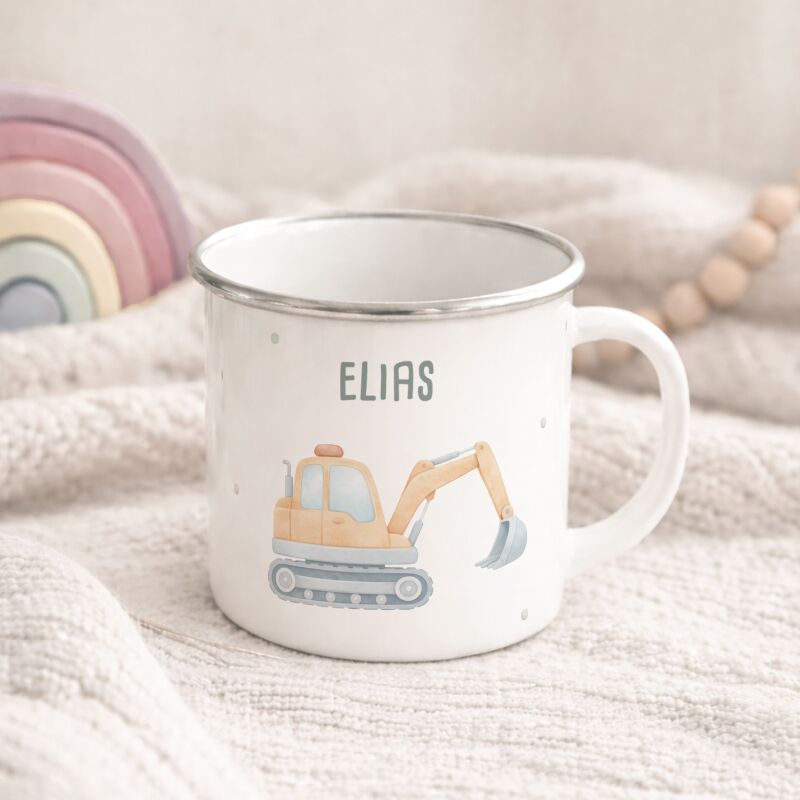 Emaille-Tasse „Bagger“ personalisiert Sublimation