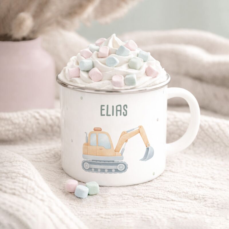 Emaille-Tasse „Bagger“ personalisiert Sublimation