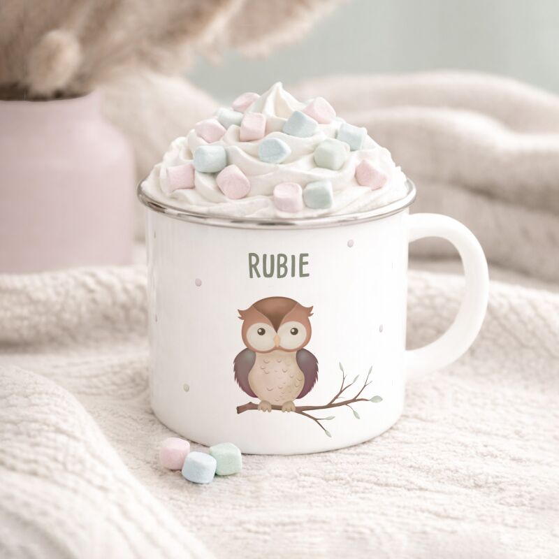 Emaille-Tasse „Eule“ personalisiert Sublimation
