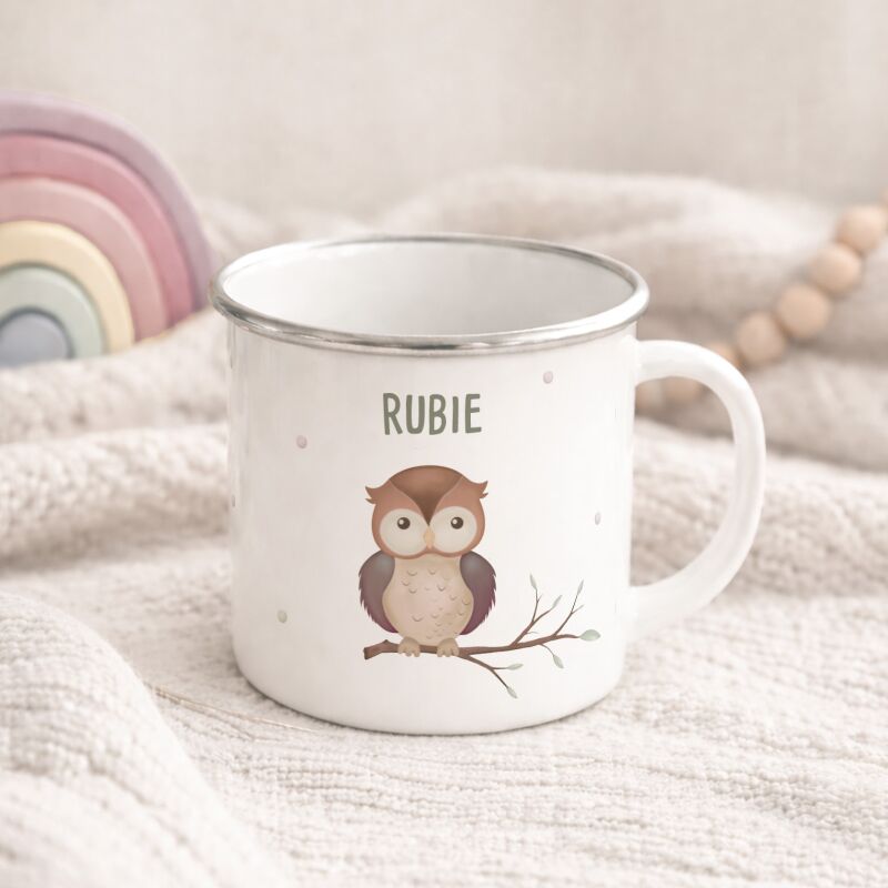 Emaille-Tasse „Eule“ personalisiert Sublimation