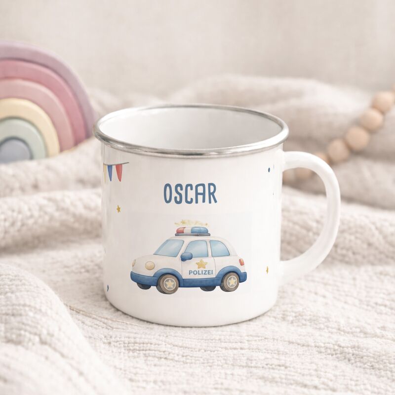 Emaille-Tasse „Polizeiauto“ personalisiert Sublimation