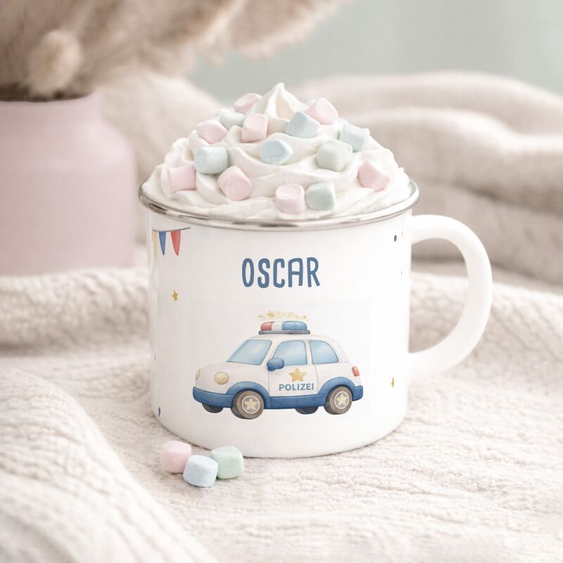 Emaille-Tasse „Polizeiauto“ personalisiert Sublimation