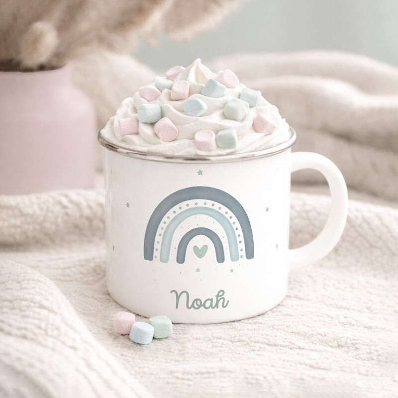Emaille-Tasse „Regenbogen Blau“ personalisiert Sublimation