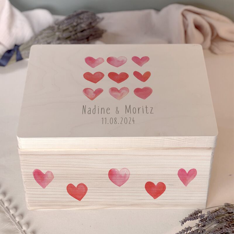 Personalisierte Erinnerungsbox zur Hochzeit Aquarell "9 rote Herzen"