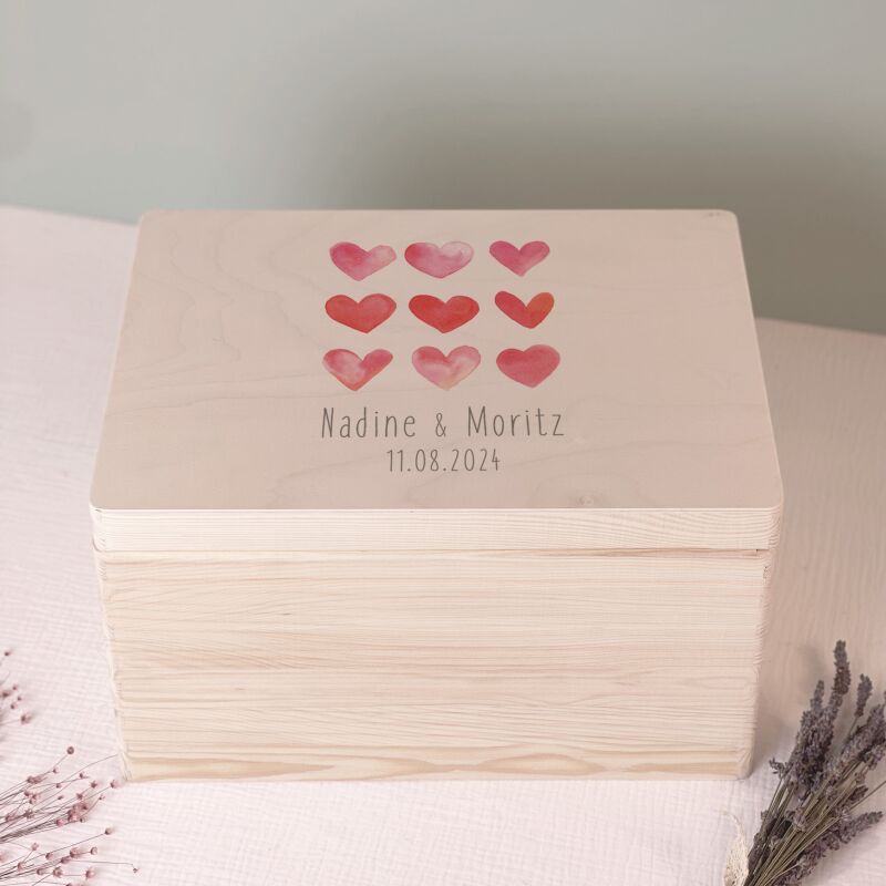 Personalisierte Erinnerungsbox zur Hochzeit Aquarell "9 rote Herzen"