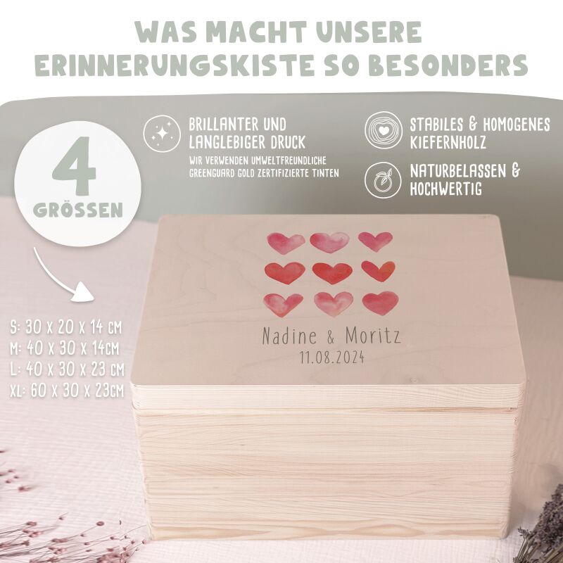 Personalisierte Erinnerungsbox zur Hochzeit Aquarell "9 rote Herzen"