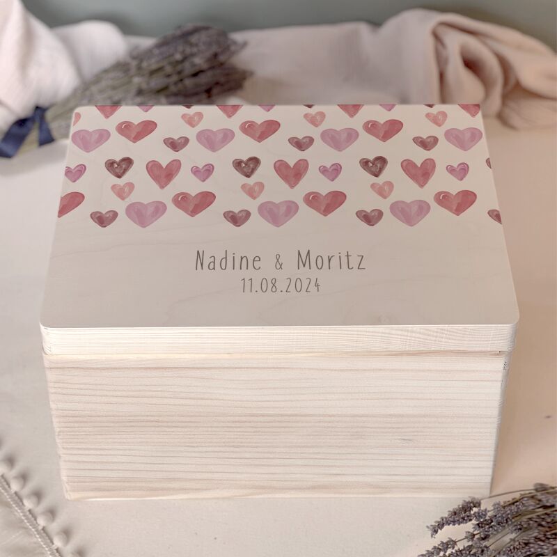 Personalisierte Erinnerungsbox zur Hochzeit Aquarell "allover Herzen"