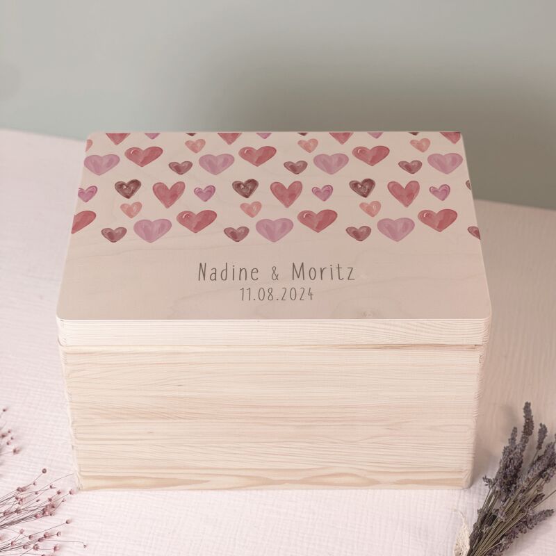 Personalisierte Erinnerungsbox zur Hochzeit Aquarell "allover Herzen"