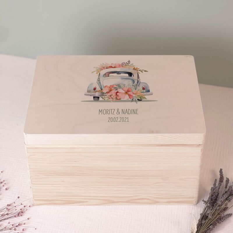 Personalisierte Erinnerungsbox zur Hochzeit Aquarell "Auto mit Blumen"