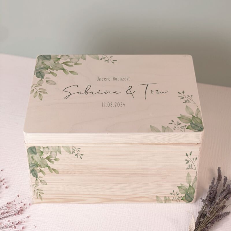 Personalisierte Erinnerungsbox zur Hochzeit Aquarell "Blätter in der Ecke"