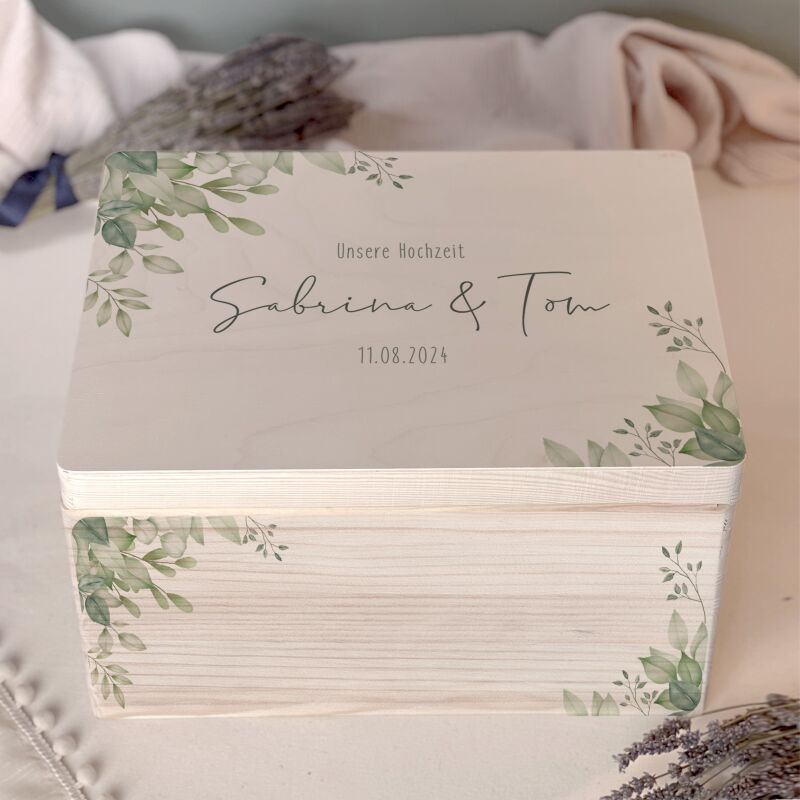 Personalisierte Erinnerungsbox zur Hochzeit Aquarell "Blätter in der Ecke"