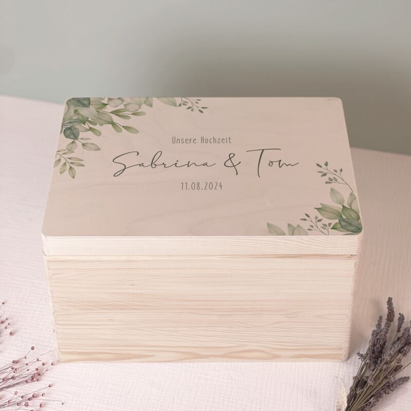 Personalisierte Erinnerungsbox zur Hochzeit Aquarell "Blätter in der Ecke"