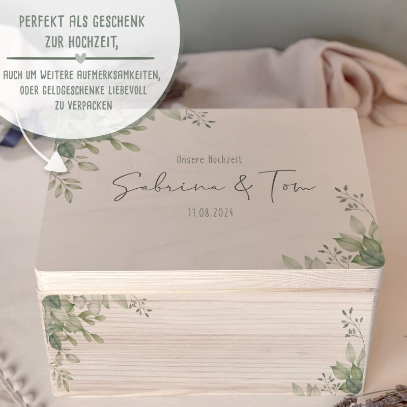 Personalisierte Erinnerungsbox zur Hochzeit Aquarell "Blätter in der Ecke"