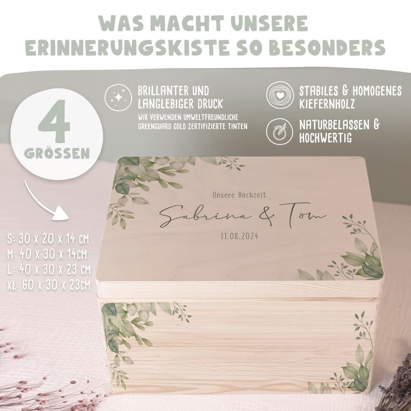 Personalisierte Erinnerungsbox zur Hochzeit Aquarell "Blätter in der Ecke"