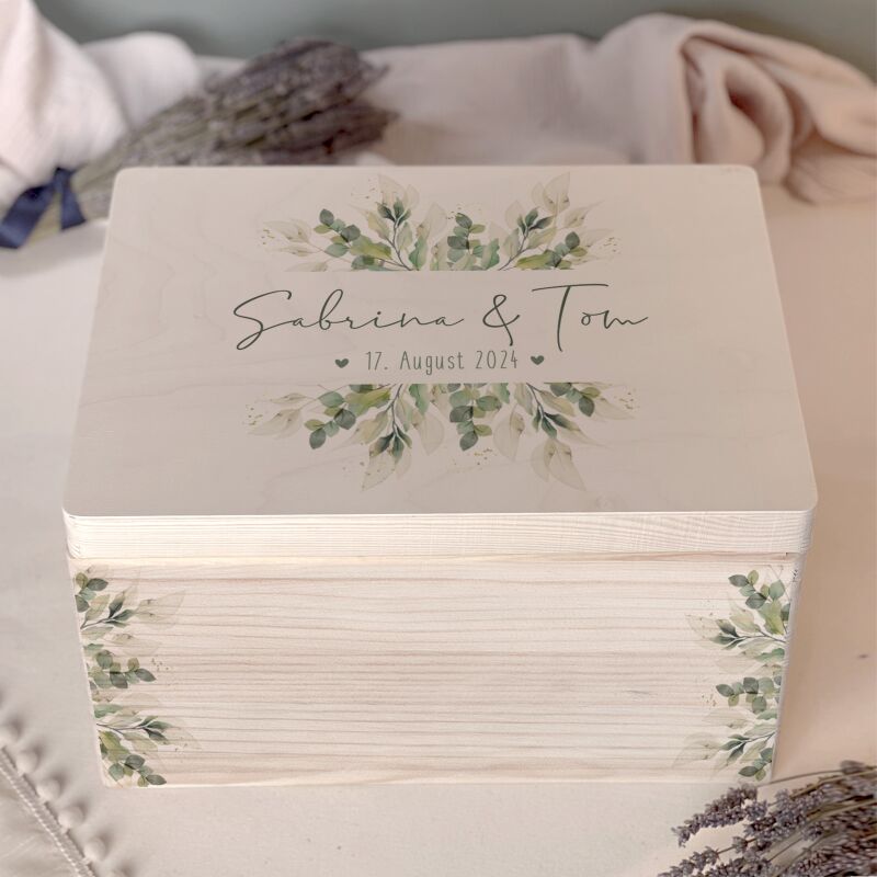 Personalisierte Erinnerungsbox zur Hochzeit Aquarell "Blätter"