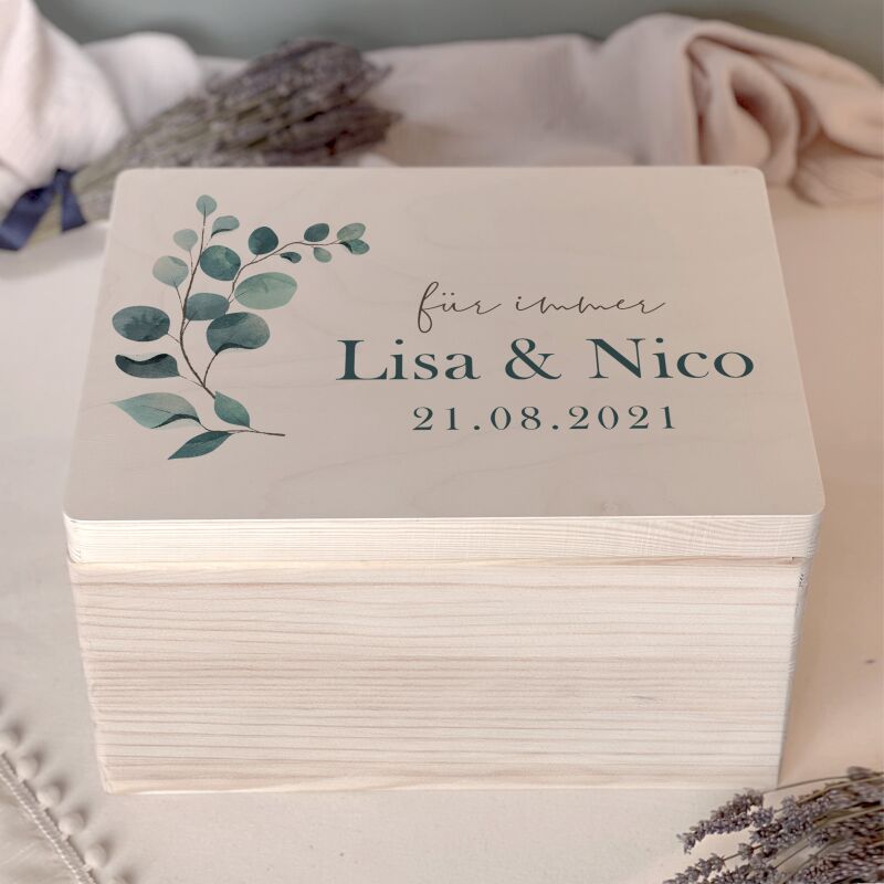 Personalisierte Erinnerungsbox zur Hochzeit Aquarell "Eukalyptus - für immer"