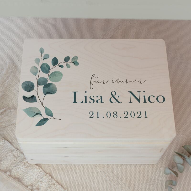 Personalisierte Erinnerungsbox zur Hochzeit Aquarell "Eukalyptus - für immer"