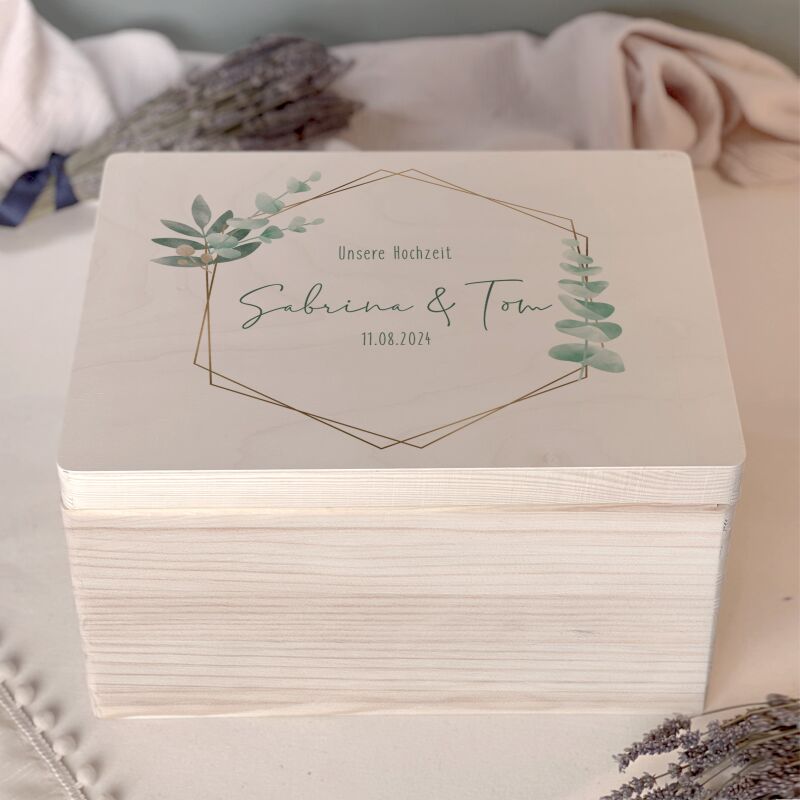 Personalisierte Erinnerungsbox zur Hochzeit Aquarell "Eukalyptus Grafisch"