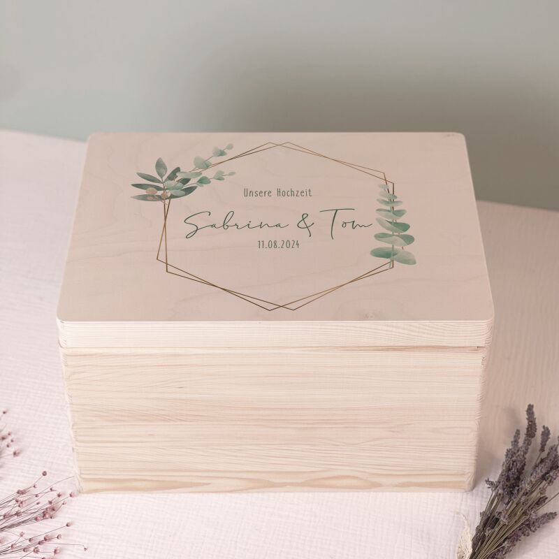 Personalisierte Erinnerungsbox zur Hochzeit Aquarell "Eukalyptus Grafisch"