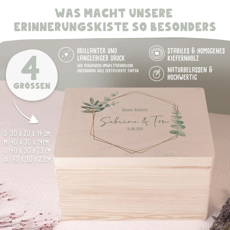 Personalisierte Erinnerungsbox zur Hochzeit Aquarell "Eukalyptus Grafisch"