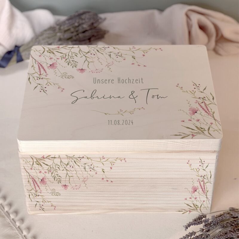 Personalisierte Erinnerungsbox zur Hochzeit Aquarell "Rosa Blumen in der Ecke"