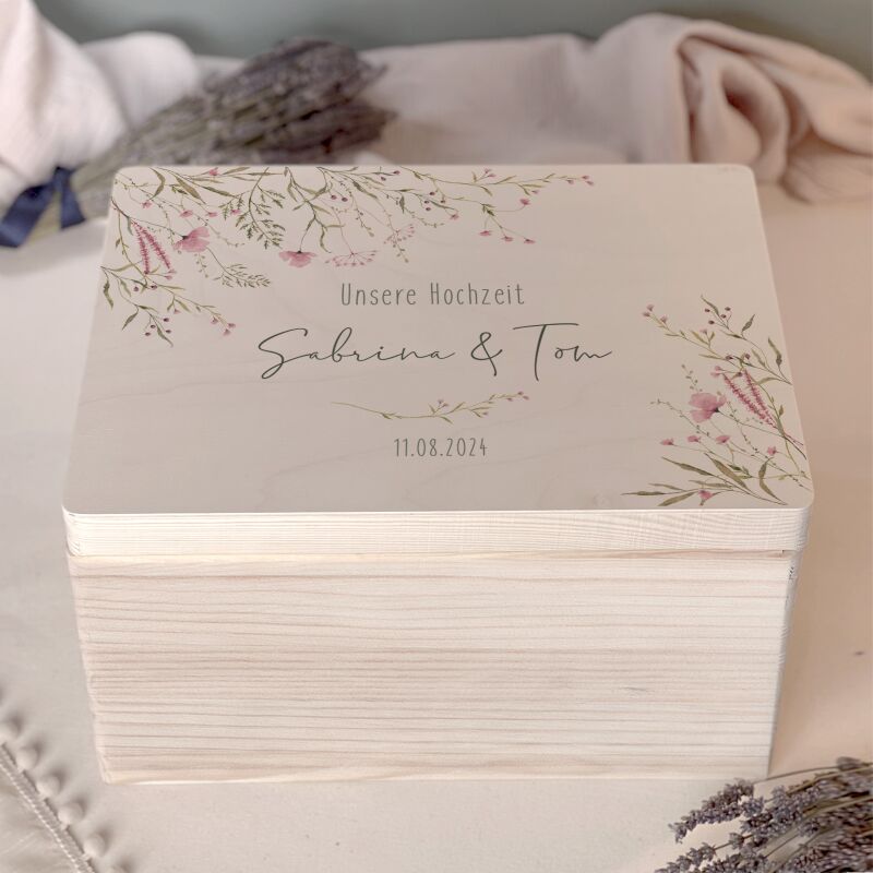 Personalisierte Erinnerungsbox zur Hochzeit Aquarell "Rosa Blumen in der Ecke"