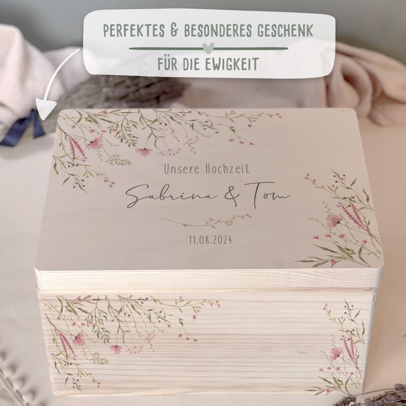 Personalisierte Erinnerungsbox zur Hochzeit Aquarell "Rosa Blumen in der Ecke"