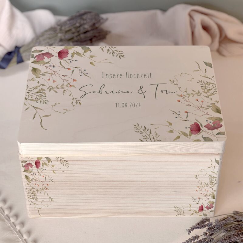 Personalisierte Erinnerungsbox zur Hochzeit Aquarell "Rote Blumen in der Ecke"