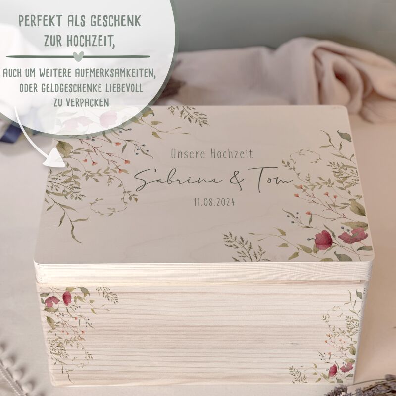 Personalisierte Erinnerungsbox zur Hochzeit Aquarell "Rote Blumen in der Ecke"