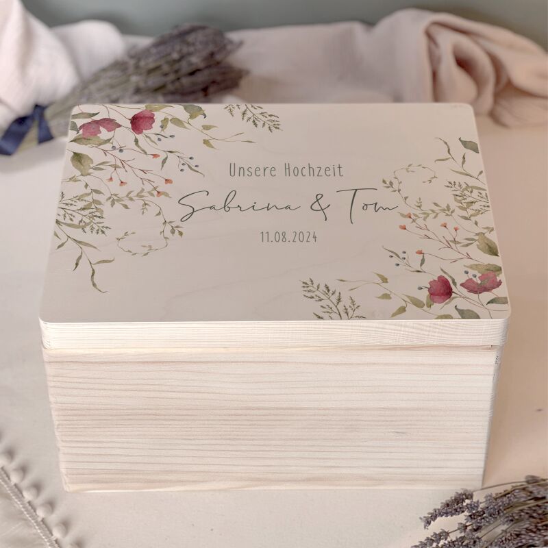 Personalisierte Erinnerungsbox zur Hochzeit Aquarell "Rote Blumen in der Ecke"