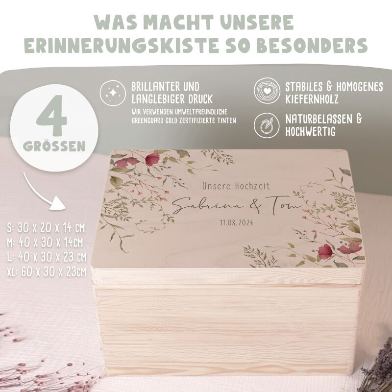 Personalisierte Erinnerungsbox zur Hochzeit Aquarell "Rote Blumen in der Ecke"
