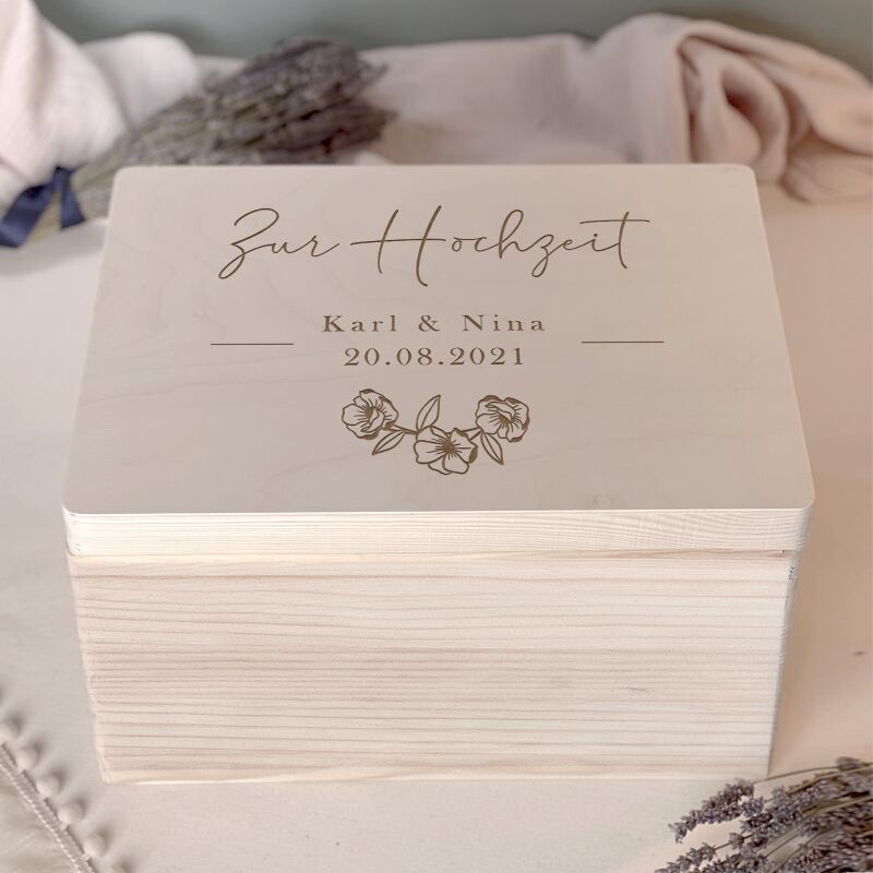 Erinnerungsbox zur Hochzeit „Zur Hochzeit Blumen“ personalisiert Gravur