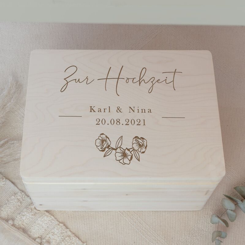 Erinnerungsbox zur Hochzeit „Zur Hochzeit Blumen“ personalisiert Gravur