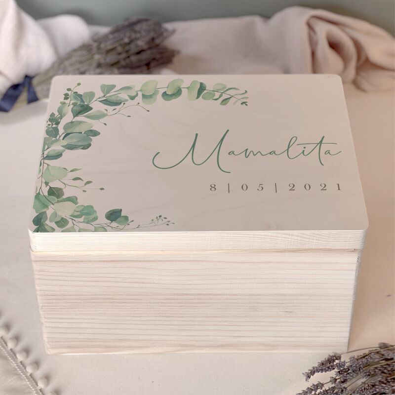 Personalisierte Erinnerungskiste zur Hochzeit Aquarell "Eukalyptus links"