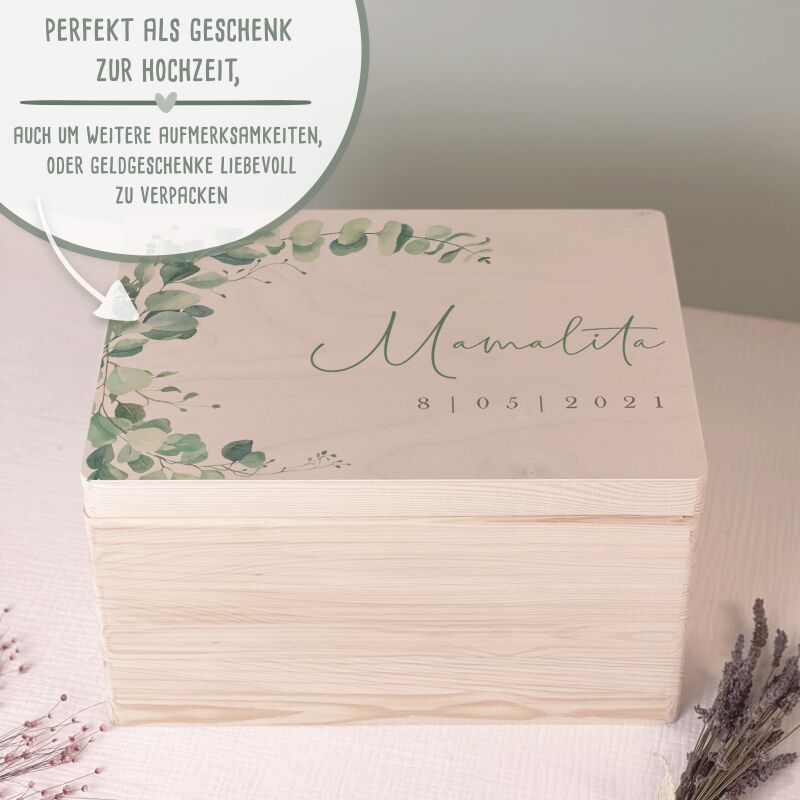 Personalisierte Erinnerungskiste zur Hochzeit Aquarell "Eukalyptus links"