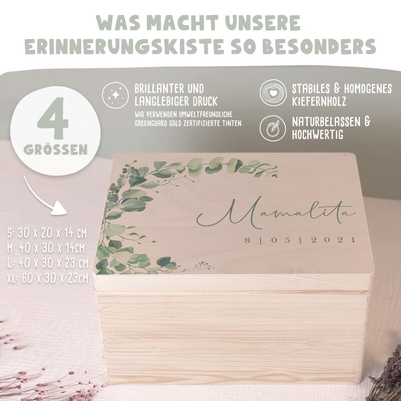 Personalisierte Erinnerungskiste zur Hochzeit Aquarell "Eukalyptus links"