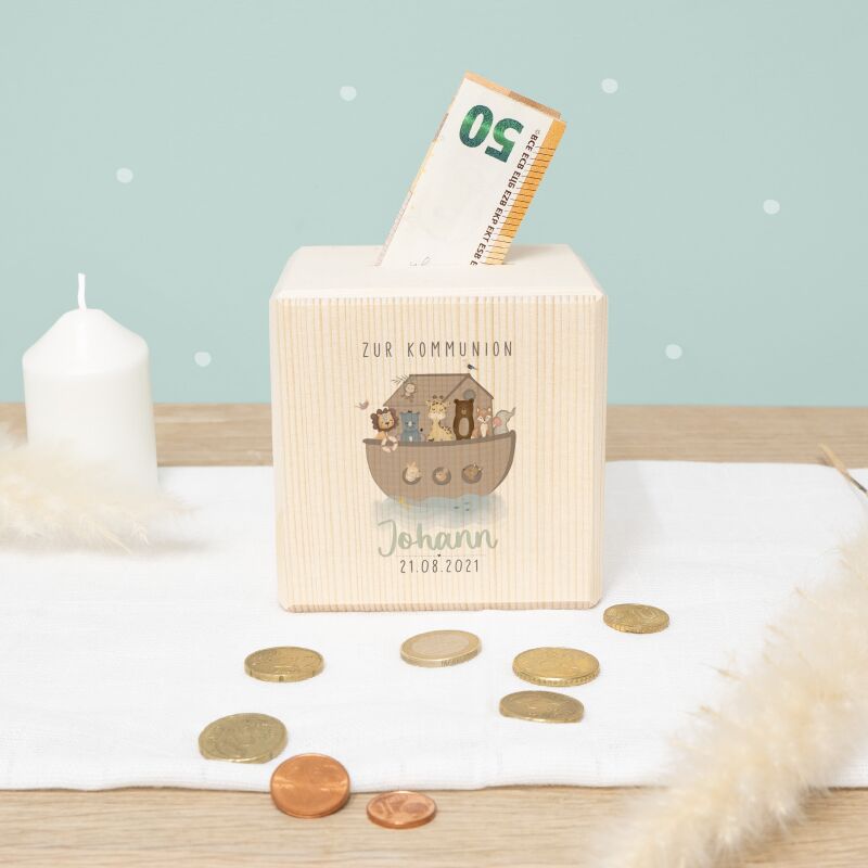 Personalisierte Holzspardose Geschenk zur Kommunion "Arche Noah" Aquarell