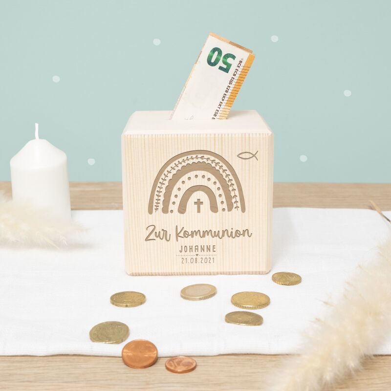 Personalisierte Holzspardose Geschenk zur Kommunion "Regenbogen" Gravur