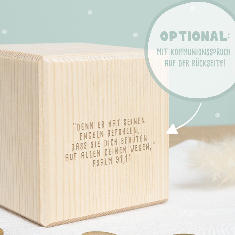 Personalisierte Holzspardose Geschenk zur Kommunion "Taube" Gravur