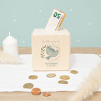 Personalisierte Holzspardose Geschenk zur Kommunion "Taube im Kranz" Aquarell