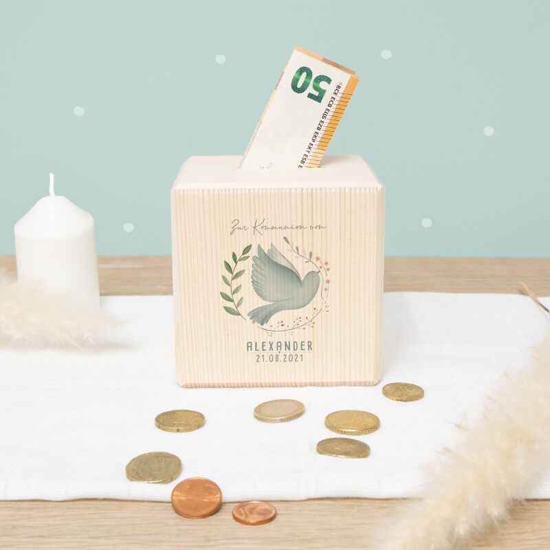 Personalisierte Holzspardose Geschenk zur Kommunion "Taube im Kranz" Aquarell