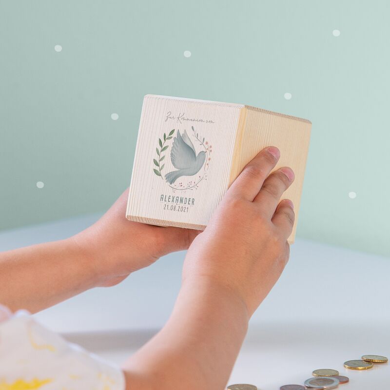 Personalisierte Holzspardose Geschenk zur Kommunion "Taube im Kranz" Aquarell